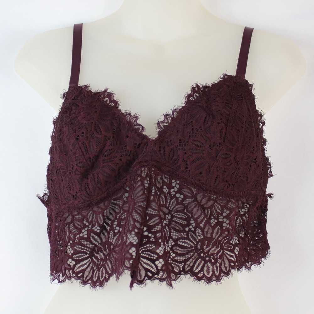 Aerie Burgundy Floral Lace Longline Adjustable Straps Bralette Women's Size L